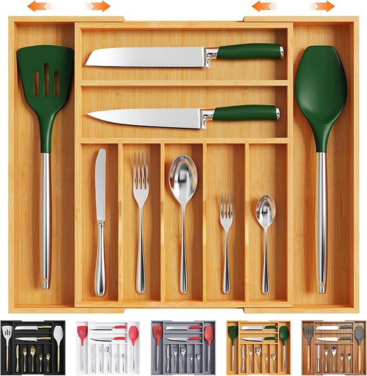 Bellsal Large Premium Bamboo Silverware Organizer - Expandable Utensil Drawer Organizer - 17"x19.6" Utensil Holder and Cutlery Tray with Grooved for Kitchen Flatware and Utensils Mother's Day Gift-Ruum Studio Home
