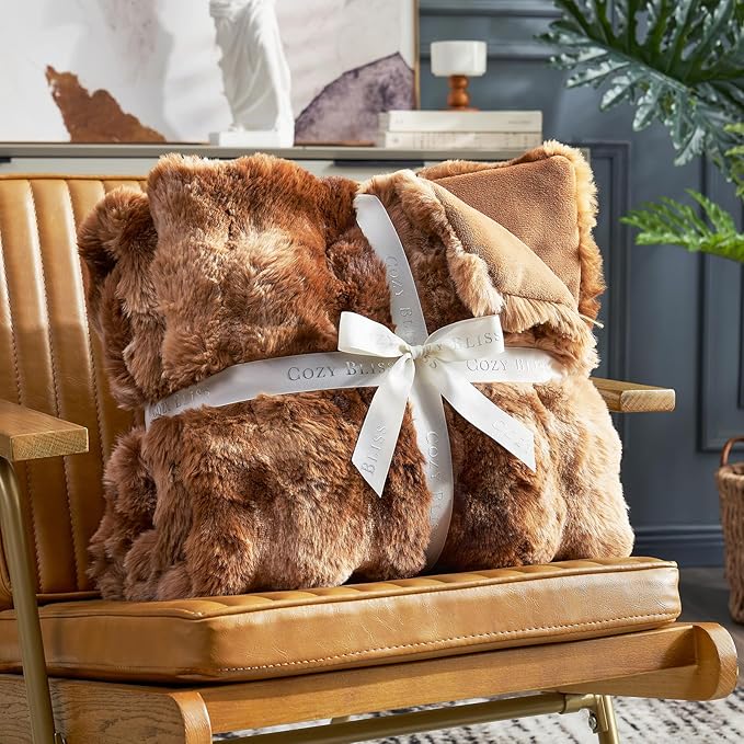 Cozy Bliss Faux Fur Throw Blanket for Couch, Fuzzy Soft Plush Thick Bubble Blanket for Sofa Bedroom Living Room, 50 * 60 Inches Tie Dye Brown-Ruum Studio Home