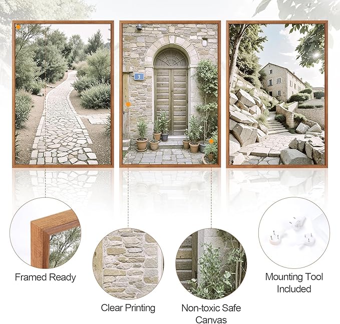 Aurlan Neutral Italy Countryside Landscape Framed Wall Art(16"x24"), 3PCS Vintage Mediterranean City Photography Gallery Canvas Artwork, Large Old Town Architecture Travel Decor Prints for Office Bedroom-Ruum Studio Home