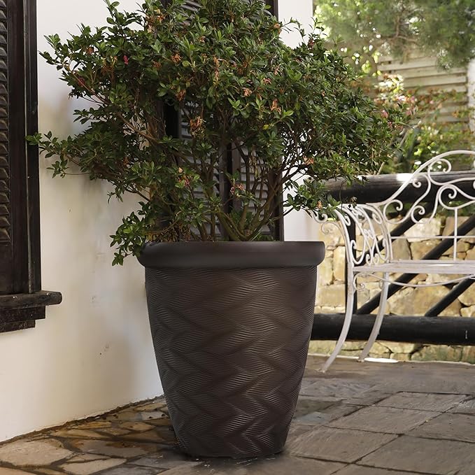 Worth Garden 2-Pack 16" Large Round Planter - Weave Pattern Lightweight Plastic Plant Pot 16" x 17.5" for Indoor Outdoor Use - Decorative Containers for Front Porch Home Yard Deck Patio - Dark Brown-Ruum Studio Home