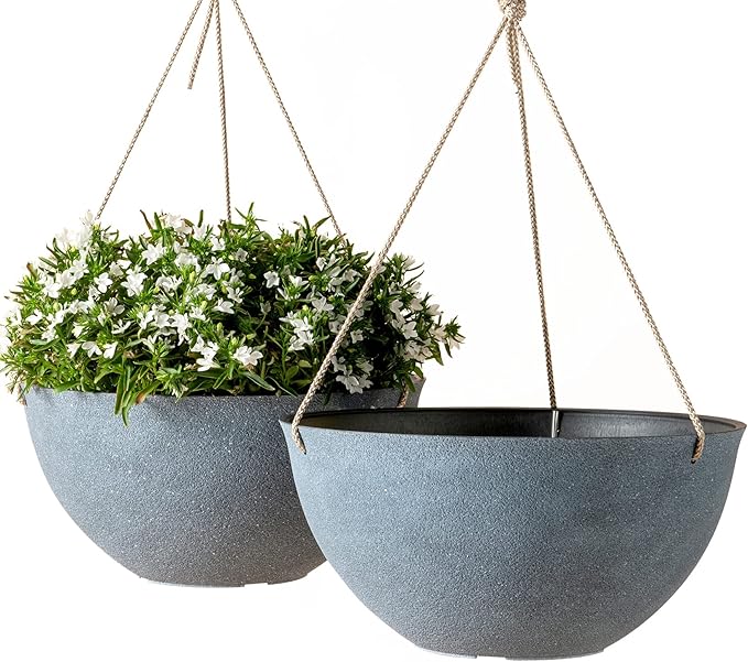 LA JOLIE MUSE Large Hanging Planters for Outdoor Plants - Hanging Flower Pots Weathered Gray (13.2 Inch, Set of 2)-Ruum Studio Home