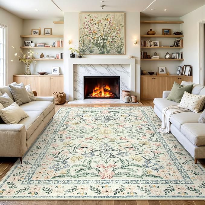 Wonnitar Large Living Room Rug, Floral 10 x 14 Machine Washable Area Rugs, Soft Boho Ultra-Thin Non-Shedding Indoor Aesthetic Carpet for Bedroom Dining Room Office-Ruum Studio Home