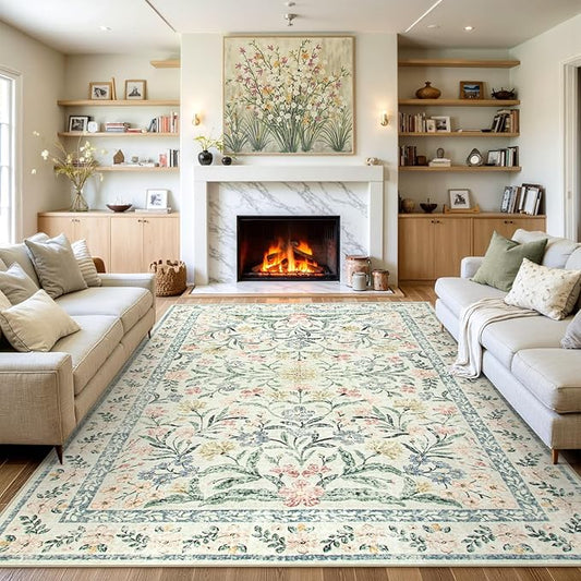 Wonnitar Large Living Room Rug, Floral 10 x 14 Machine Washable Area Rugs, Soft Boho Ultra-Thin Non-Shedding Indoor Aesthetic Carpet for Bedroom Dining Room Office-Ruum Studio Home