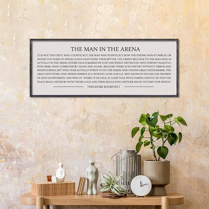 LuZhiQiang The Man in the Arena Wall Decor 40''x15'' Inspirational Quotes Office Wood Framed Sign Rustic Home Motivational Art For Man Entrepreneur Morden Living Room Wall Hanging Decor (Black)-Ruum Studio Home