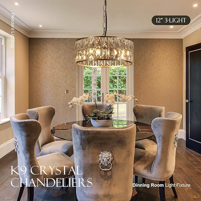12” 3-Light Modern Crystal Chandeliers Nickel Dinning Room Light Fixture, Round Pendant Light Kitchen Island Chandelier, Flush Mount Ceiling Light for Living Room Entryway Bedroom Foyer-Ruum Studio Home