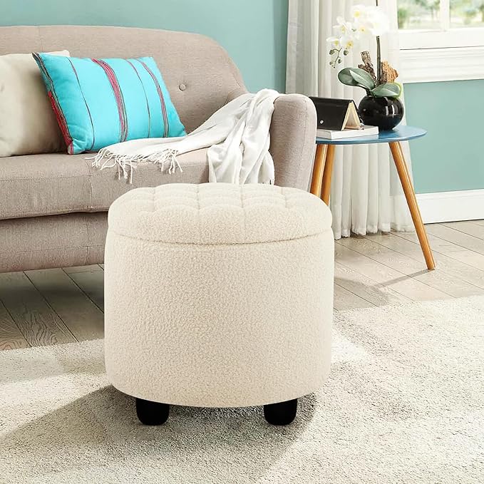 Furniliving Modern Round Storage Ottoman,Button Tufted Ottoman Foot Stools Ottoman Footstool with Removable Lid Storage Ottomans for Living Room, Bedroom, Makeup Room，Sherpa, IvoryWhite-Ruum Studio Home