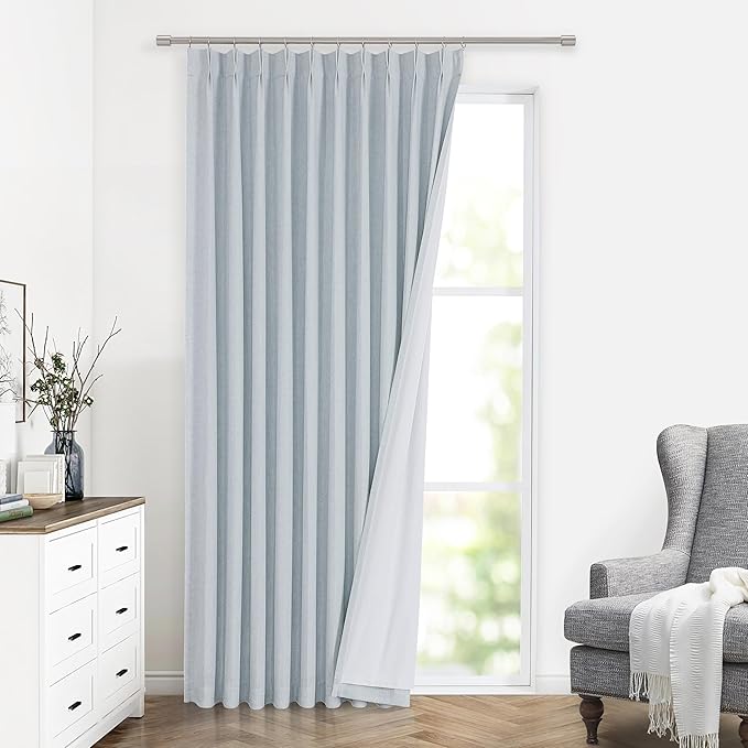 Vision Home Blue Fog Pinch Pleated Full Blackout Curtains Linen Blended Room Darkening Window Curtains 90 inch for Living Room Bedroom Thermal Insulated Pinch Pleat Drapes with Hooks 1 Panel 60"Wx90"L-Ruum Studio Home