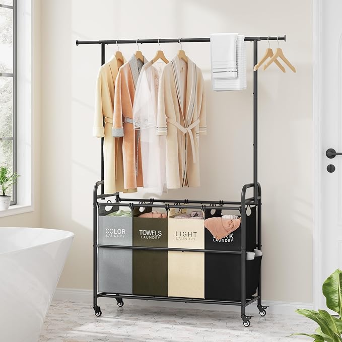 Tajsoon Laundry Sorter Cart with Hanging Clothes Rack, 4 Butler Sorter Basket Organizer, Laundry Hamper Cart with Heavy Duty Rolling Lockable Wheels, 4 Colors-Ruum Studio Home
