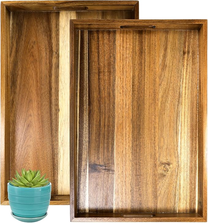 YOUEON 2 Pack Large Acacia Wood Serving Tray with Handles, 17x12 Inch Decorative Wood Trays for Serving Food, Party, Rectangle Ottoman Tray, Coffee Table Trays for Bed, Living Room, Kitchen-Ruum Studio Home