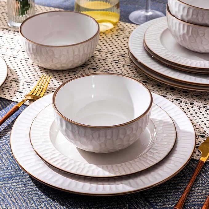 GBHOME Ceramic Dinnerware Sets,12 pcs Embossed Elegant Stoneware Plates and Bowls Sets, Housewarming Wedding Gift | Dishwasher & Microwave Safe | Dishes Set Service for 4-Ruum Studio Home