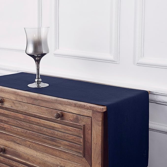 Solino Home Linen Navy Table Runner 48 Inches - 100% Pure Linen Small Table Runner 14 x 48 Inch Ideal for Dresser and Coffee Tables - Fall, Autumn, Thanksgiving - Fete-Ruum Studio Home