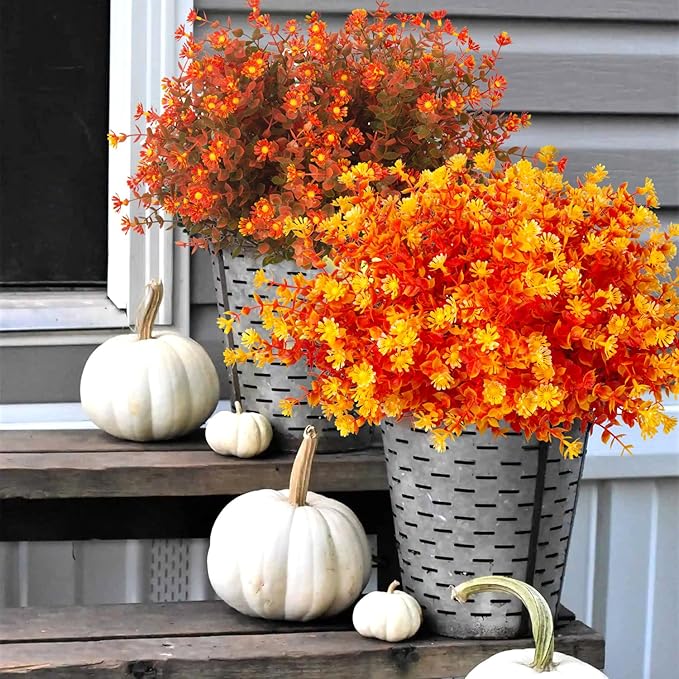 12 Bundles Artificial Fall Flowers No Fade Faux Autumn Plants, Fake Indoor Outdoor Greenery Decorations for Thanksgiving Christmas Wedding Party Home Garden Fireplace Décor (Fall Orange)-Ruum Studio Home