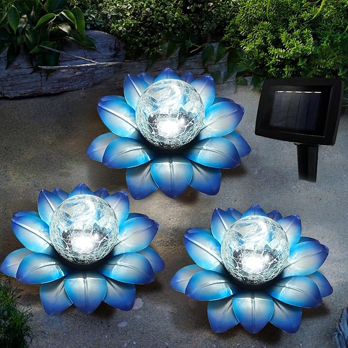 LEWIS&WAYNE Solar Garden Lights Outdoor, 3 Pcs Blue Lotus Flower Pathway Lamps with Cool White Crackle Glass Globe Led Lights for Patio Pathway Yard Balcony Garden Decorations-Ruum Studio Home