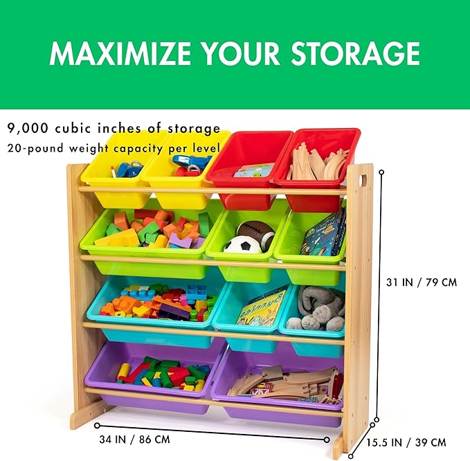 Humble Crew Kids Toy Storage Organizer with 12 Plastic Bins, Natural Wood/Rainbow – Removable Bins for Playroom, Bedroom, Toddler Furniture for Boys and Girls Ages-Ruum Studio Home