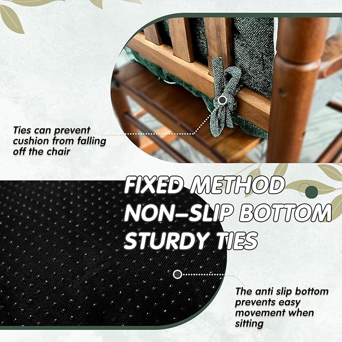 YZ HOME Rocking Chair Cushion, Set of Thicken Seat & Back Chair Cushions with Memory Foam, Non-Slip Chair Pad with Ties for for Indoor&Outdoor Rocker, Dark Green, 22x17x5/17x17x5-Ruum Studio Home