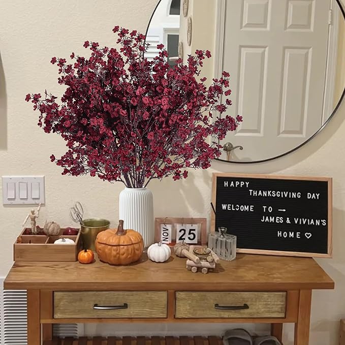 Sggvecsy 15 Pcs Babys Breath Artificial Flowers Gypsophila Bouquets Bulk Real Touch Fake Silk Flowers for Home DIY Floral Arrangement Table Centerpiece Fall Thanksgiving Autumn Decoration (Burgundy)-Ruum Studio Home