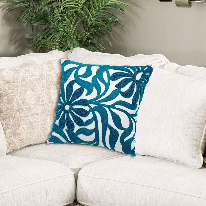 Alysheer Farmhouse Floral Leaves Embroidered Decorative Throw Pillow Cover 18x18 inches, Boho Tufted Flowers Embroidery Pattern Chic Cotton Cushion Case for Couch Bed Sofa Living Room(Teal Blue)-Ruum Studio Home