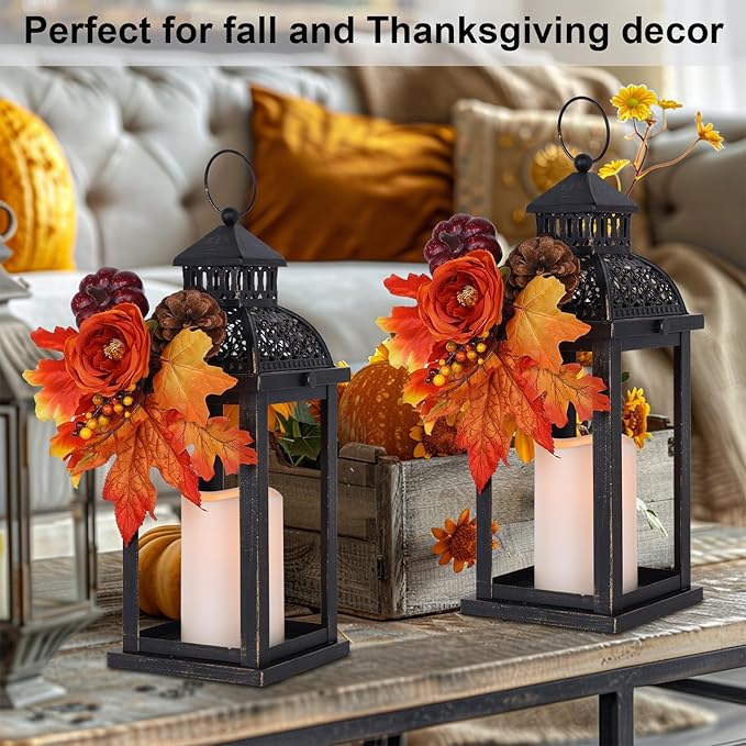 NEEDOMO Fall Decorations for Home, 2 Pcs 15'' Fall Lantern Indoor Outdoor Thanksgiving Decor, Vintage Metal Hanging Candle Holders with Fall Teardrop Wreath and LED Candle for Patio, Porch, Table-Ruum Studio Home