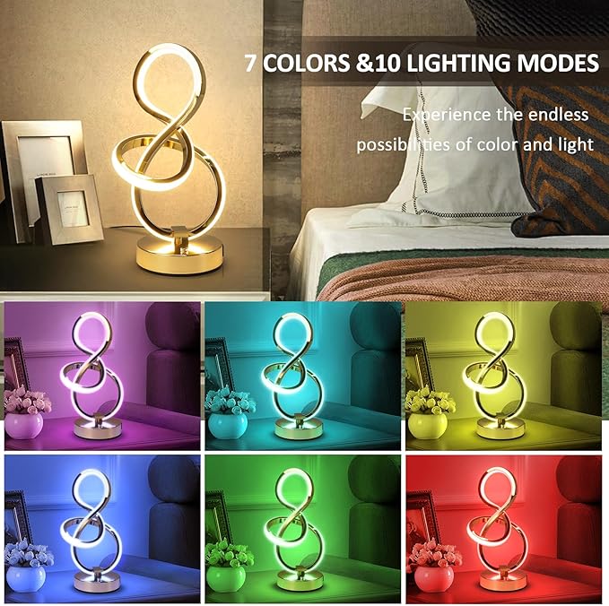 Modern Spiral Table Lamp, 7 Colors 10 Light Modes LED Nightstand Small Lamp with USB C+A Ports, Touch Dimmable Lamps for Living Room Bedroom Bedside, Unique & Cool Lamps,Gold-Ruum Studio Home