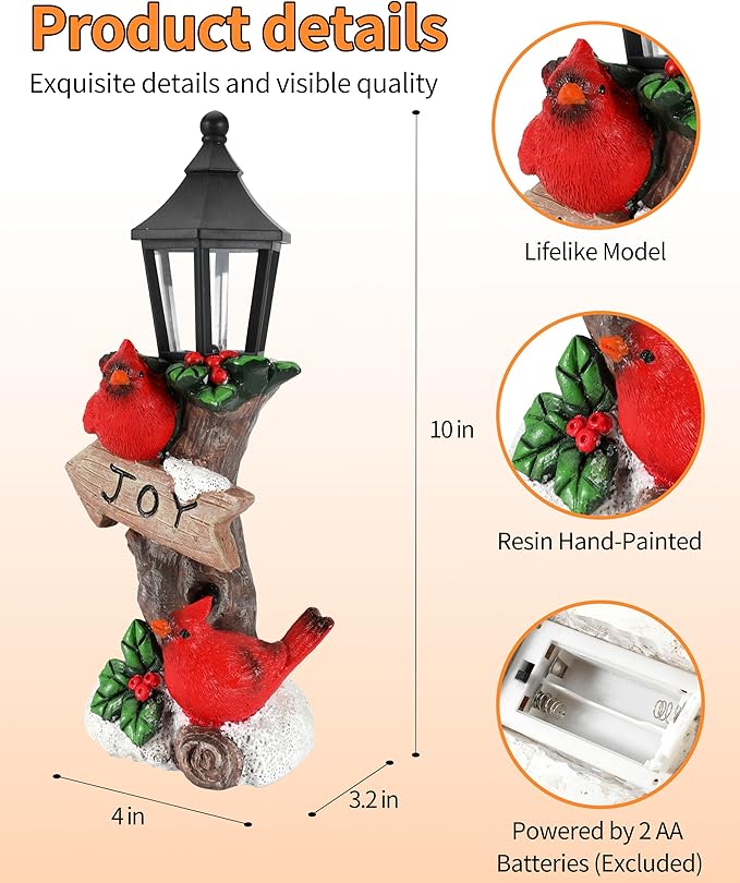 iStatue Lighted Cardinal Christmas Ornaments - 10’’ Resin 2 Red Birds Joy Lamp Post Figurine with Candle Lantern - Unique Xmas Decorations Indoor Decor Gift (Cardinal)-Ruum Studio Home