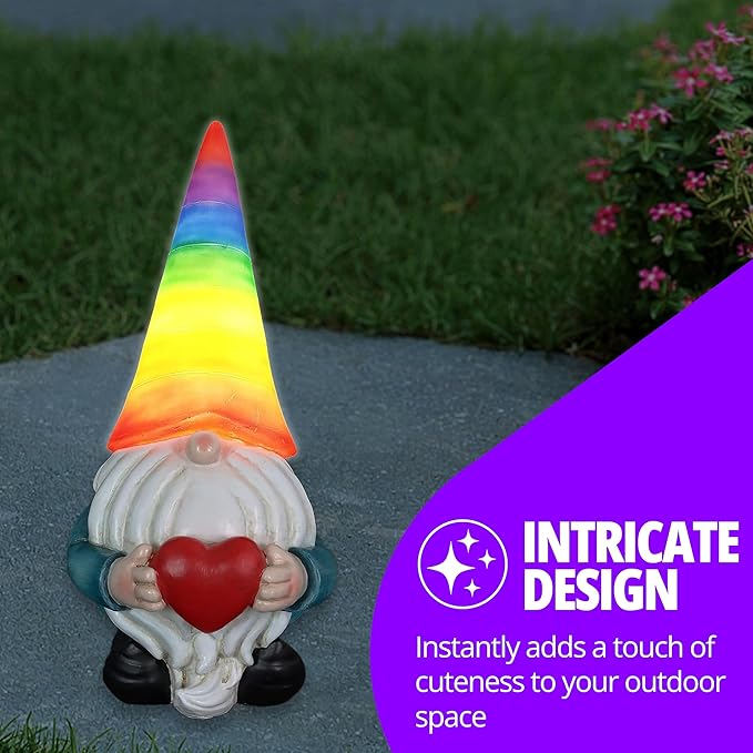 Exhart Garden Gnome, Solar Garden Gnome Statue with Heart, LED Rainbow Hat, Cute Outdoor Garden Decoration, 6 x 12.5 Inch, Multicolor, Resin-Ruum Studio Home