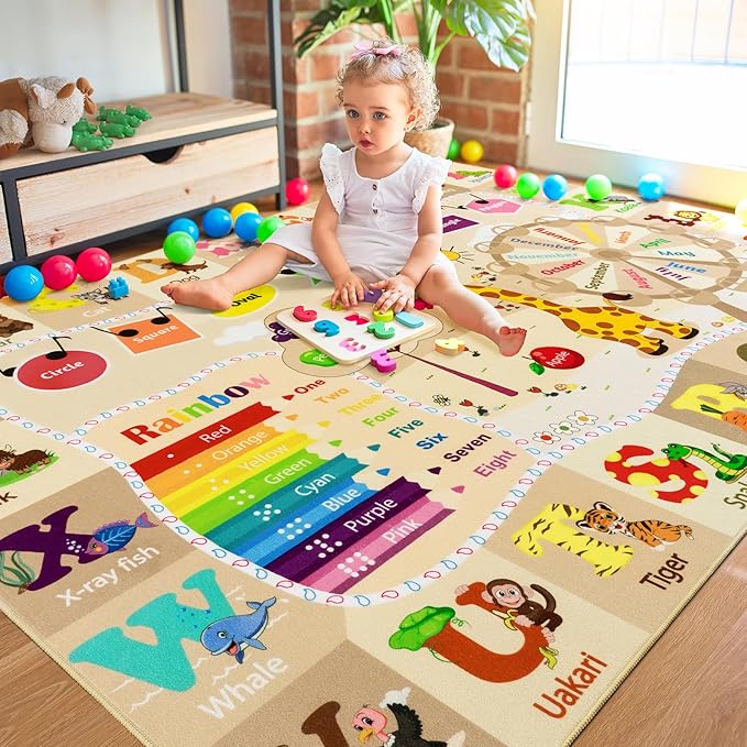 7x10 Playroom Rugs for Kids Washable, Educational and Fun Playmat with ABC Alphabet Animals Shapes Colors, Non-Slip Play Mat Learning Rug for Baby Toddler Children Game Activity，Beige, Pink-Ruum Studio Home