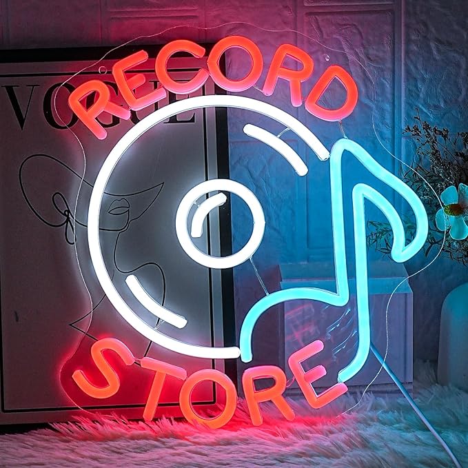 Record Store Neon Sign Music Neon Signs for Wall Decor Letter Neon Light Record Player Sign Live Music Neon Light Sign for Bar Concern Studio Decor(Red white)-Ruum Studio Home