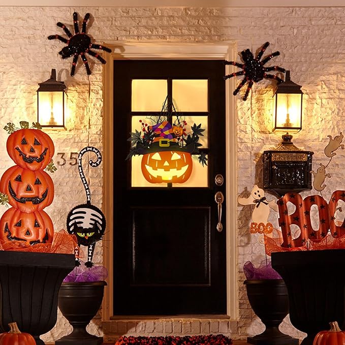 Halloween Pumpkin Decorations, Lighted Jack-O-Lantern with Maple Leaves Berries Witch's Hat, Halloween Wreaths Door Sign Wood Pumpkin for Front Door Indoor Outdoor Yard Party Cartoon Hanger Decor-Ruum Studio Home