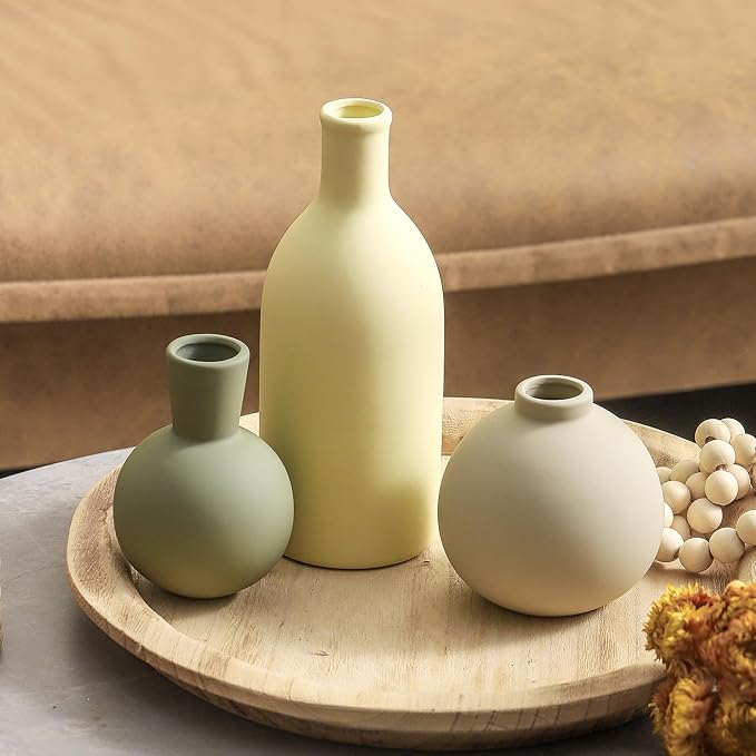 Vase Set of 3, Ceramic Vases Home Decor Flower Decorative Table Decor Vase Pottery Neutral Vases for Tray Table Mantel Living Room Kitchen Bedroom Bathroom Entryway -Light Color-Ruum Studio Home