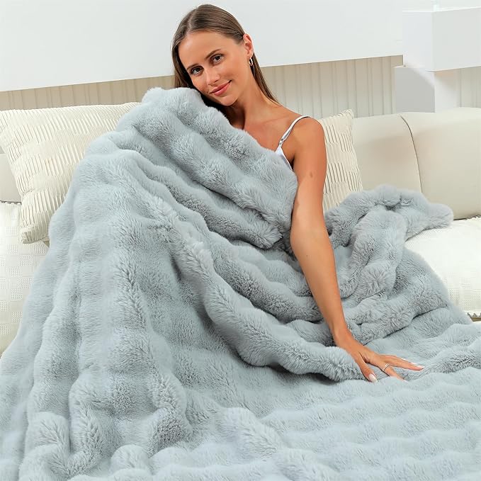 RYNGHIPY Faux Fur Throw Blanket Double Side Thick and Warm for Couch Plush Fluffy Faux Rabbit Fur Decoration for Sofa Chair and Bed Grey Winter Blanket (Grey, 51''x63'')-Ruum Studio Home