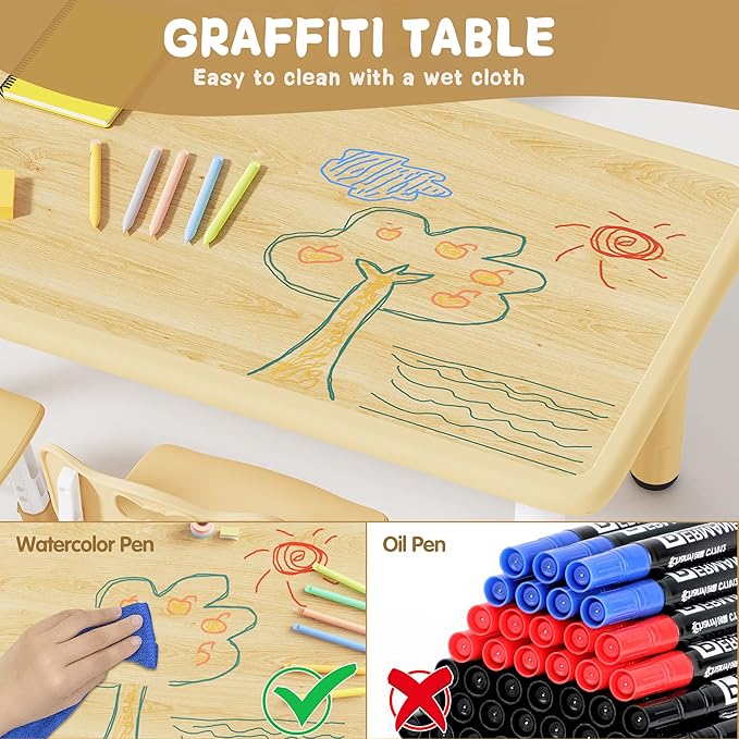 Brelley Kids Table and 6 Chairs Set, Height Adjustable Toddler Desk and Chair Set, Graffiti Desktop, Classroom/Daycare/Home, Children Multi-Activity Table for Ages 2-8-Ruum Studio Home