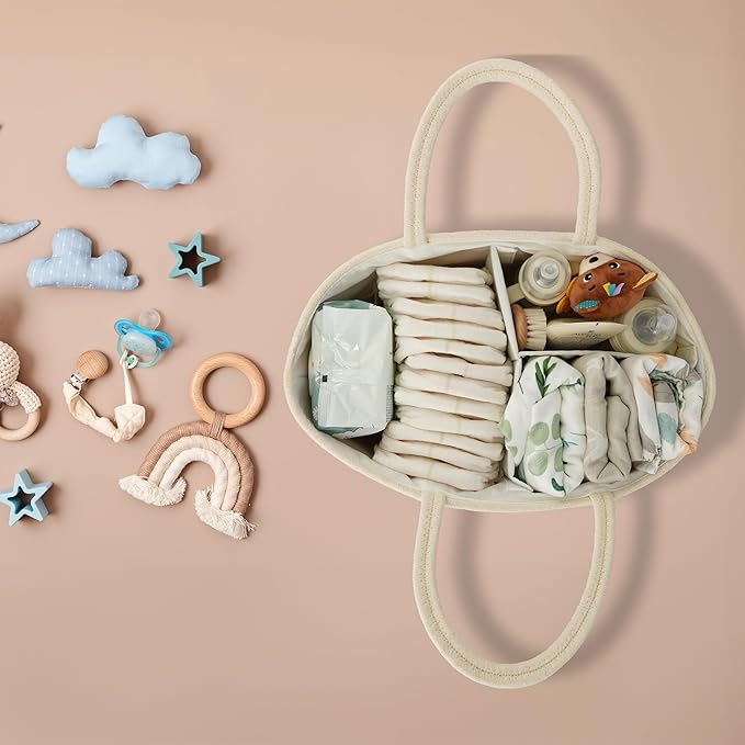 Diaper Caddy Organizer Cotton Rope Baby Basket Nursery Storage and Portable Tote Bag for Car Ideal Baby Shower Gifts and Registry Must-Have for Newborn Essentials Large beige-Ruum Studio Home