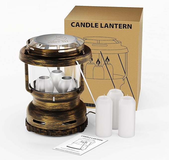 3-Wick Emergency Candle Lantern for Power Outages [18H+ Burning Time] Vintage Decorative Candle Lantern for Real Candles, Outdoor Portable Camping Survival Lighting [7.1"*5.7" - Vintage Brass]-Ruum Studio Home