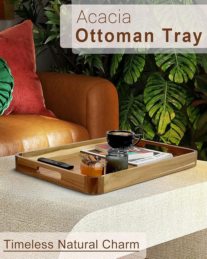 22 Inches Acacia Wood Serving Tray with Handles, Large Wooden Rectangle Ottoman Tray, Nice Home Decor for Living Room Coffee Table Couch, Ideal Size for Serving Food Breakfast BBQ Party-Ruum Studio Home
