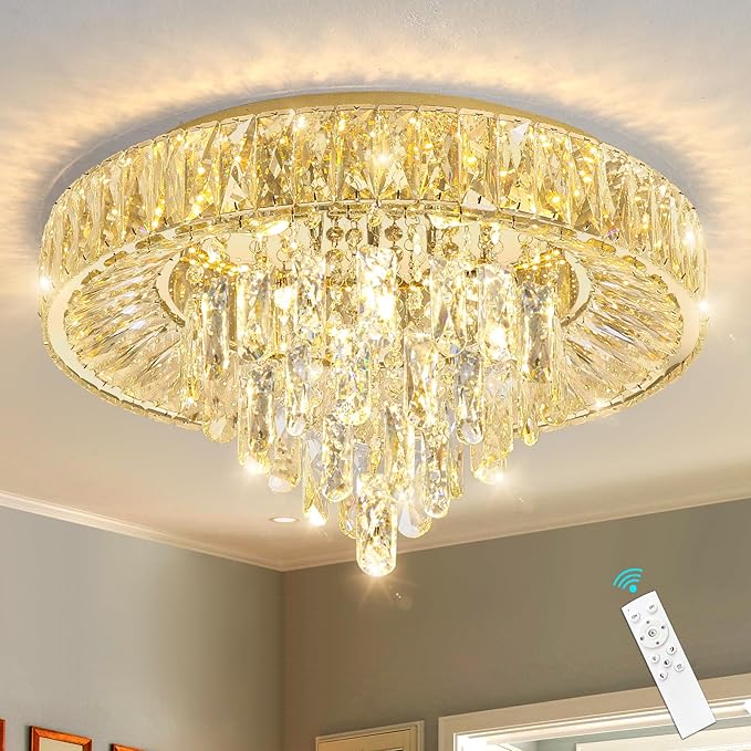 Modern Crystal Chandeliers for Dining Room LED Light Fixture Close to Ceiling Chandelier Flush Mount Ceiling Light Dimmable Lamp with Remote for Living Room Bedroom Hallway-Ruum Studio Home