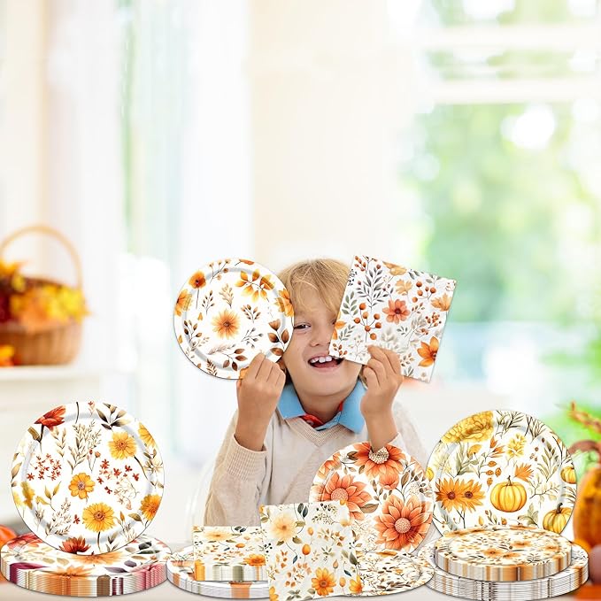 Fall Party Supplies - 60Pcs Autumn Thanksgiving Plates and Napkins Pumpkin Maple Leaf Table Decorations for Fall Birthday,Thanksgiving Party-Ruum Studio Home