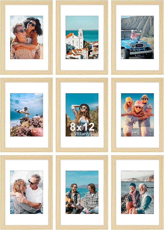 Vittanly 8x12 Picture Frames Set of 9, Shatter Resistant Plexiglass, Display 6x8 Pictures with Mat or 8x12 without Mat, Photo Frames for Wall or Tabletop, Engineered Wood, OAK-Ruum Studio Home