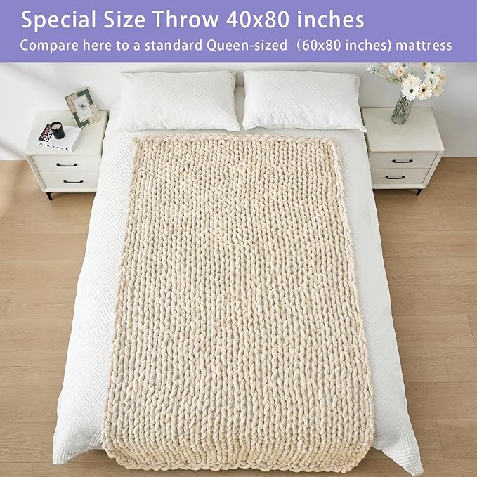 Bigacogo Chunky Knit Throw Blanket for Couch, 40x80 inches, 100% Hand Knitted with Thick Jumbo Chenille Yarn, Cozy Soft Large Rope Knot Cable Crochet Blankets for Sofa Bed Living Room, Beige-Ruum Studio Home