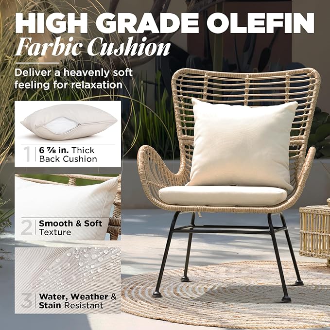 IDZO Isabelle Upgraded 2000 Hours UV Wicker Chairs Outdoor Set of 2, 500 lbs Capacity Outdoor Patio Chair, All-Weather Club Chair with Water-Resistant Olefin Cushions, Boho Style, Beige-Ruum Studio Home