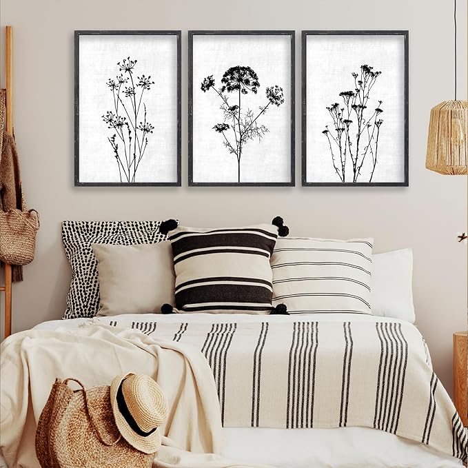 Flower Plant Wall Art Decor 24"x16" Set of 3 Black And White Botanical Painting Wood Framed For Minimalist Bedroom Office Rustic Living Room Abstract Wildflower Sign Hanging (Black)-Ruum Studio Home