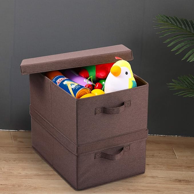 HOONEX Linen Foldable Storage Bins with Lids, 2 Pack, Storage Boxes with Carrying Handles and Sturdy Heavy Cardboard, 16.5" L x 11.8" W x 7.5" H for Shoes, Clothes, Brown-Ruum Studio Home