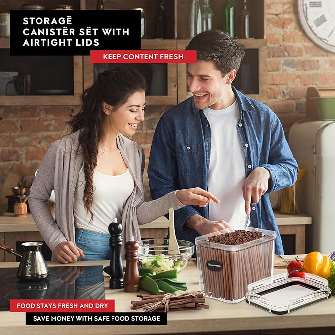 DWËLLZA KITCHEN Flour Sugar Storage Containers Set of 4; 3.6l Plastic Airtight Food Storage Containers with Lids for Kitchen Pantry Organization and Storage - Dry Food Containers, Labels & Marker-Ruum Studio Home