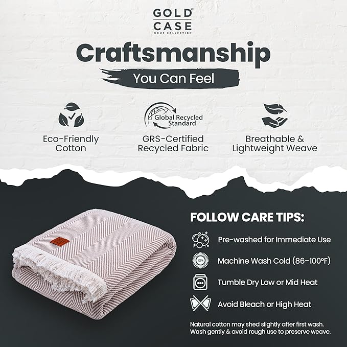 Gold Case Throw Blanket for Bed – 100% Recycled Turkish Cotton Bed Blanket – Decorative Throw Cotton Blankets for Living Room & Bedroom – Woven Twin Blankets - 71x90 - Elegant Beige-Ruum Studio Home