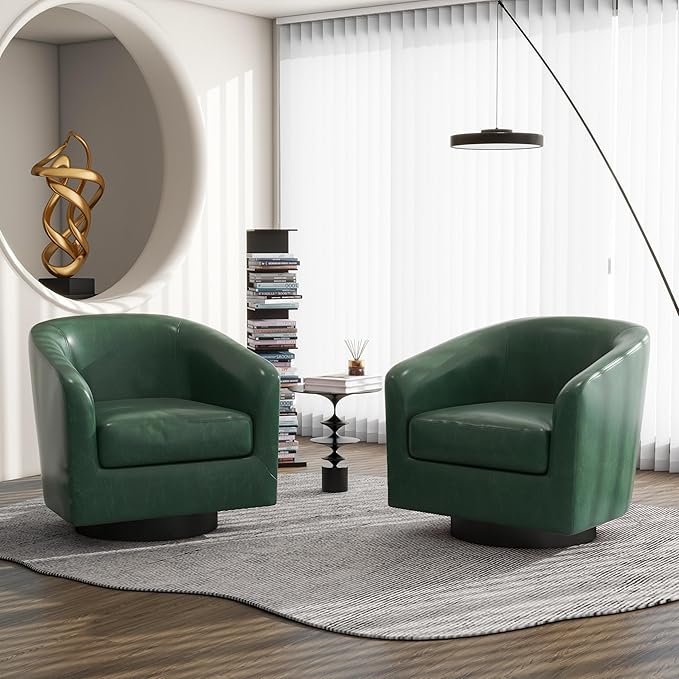 Swivel Barrel Accent Chair, Modern Round Faux Leather Arm Chair for Living Room, Bedroom, Comfy Club Reading Chairs for Adults(Faux Leather, Green, Set of 1)-Ruum Studio Home