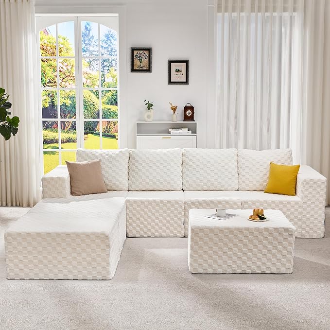 Hobestluk Modular Sectional Sofa Memory Foam Couch Sofa Bed Loveseat with Chaises Cloud Couch with Removable Cover Large Sectional Couches for Living Room (Plush White, Sofa Bed)-Ruum Studio Home