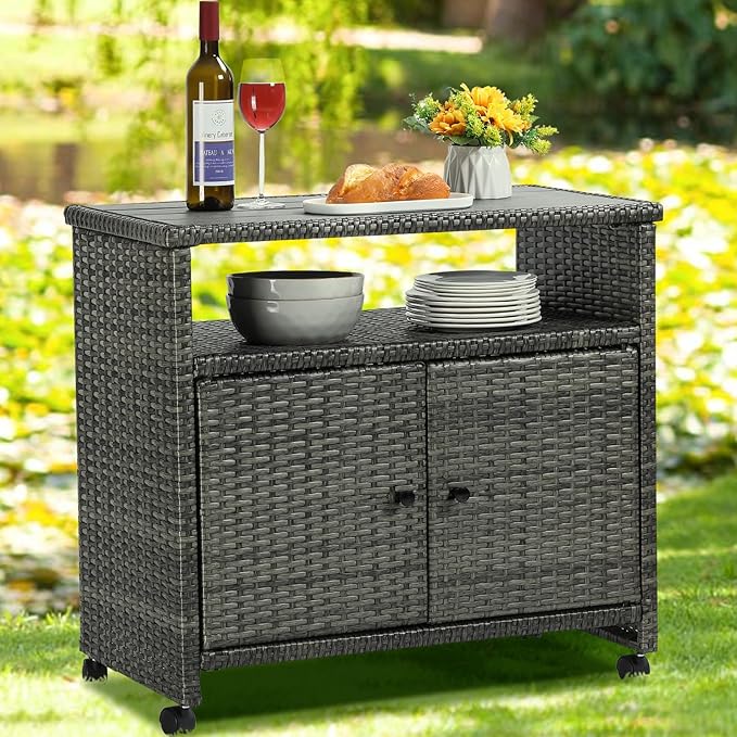 Outdoor Wicker Storage Cabinet,Patio Bar Table with Wheel, Outdoor Buffet Cabinet Movable, Garden Weather-Proof Bar Table/Cart for Indoor&Outdoor (Morden Gray)-Ruum Studio Home