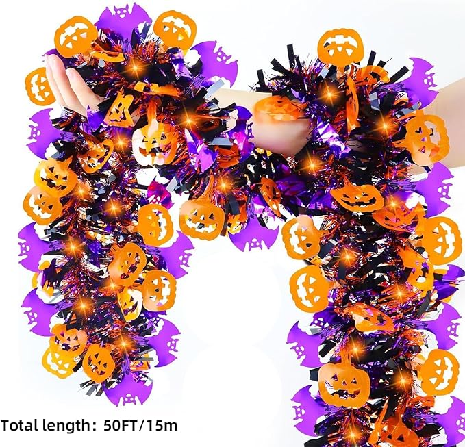 50 Ft Halloween Tinsel Garlands,Funny Pumpkin Purple Bats Shiny Metallic Twist Foil Tinsel Garland Hanging Holiday Decorations for Home Indoor Outdoor Festivities Party Decor-Ruum Studio Home