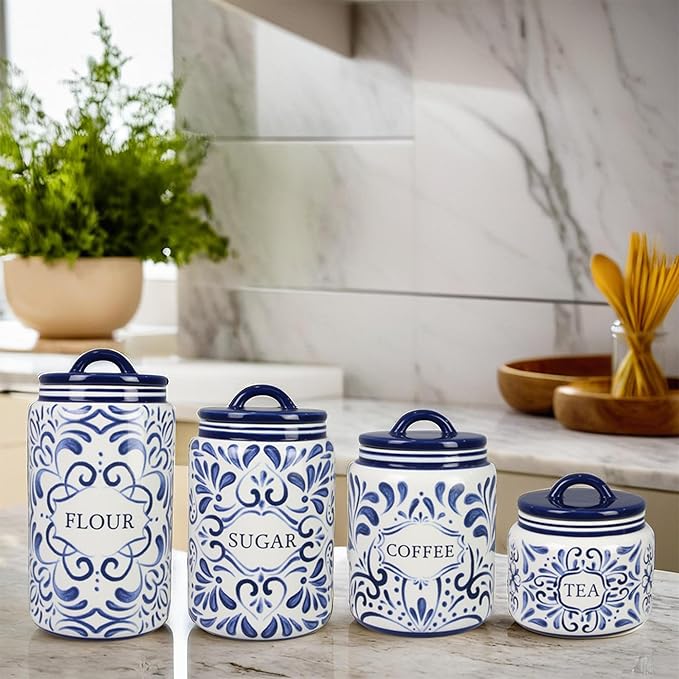 Young's Inc. 4 Pcs Set Talavera Ceramic Canisters- Storage Container for Kitchen and Bathroom - Beautiful Home Decor Accent to Store Food, Coffee, Tea, and More - White, Blue-Ruum Studio Home