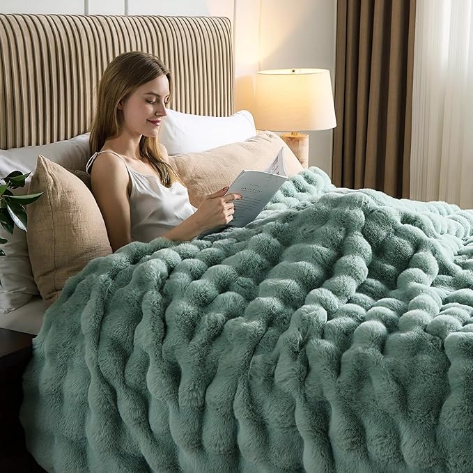 Lotus Karen Faux Fur Throw Blanket Sage Green - Big Bubble Rabbit Fluff Blanket for Couch Bed Sofa,Softest Fluffy Fuzzy Cozy Blanket, Plush Thick Furry Shaggy Warm Blankets for Women,50x60 Inches-Ruum Studio Home