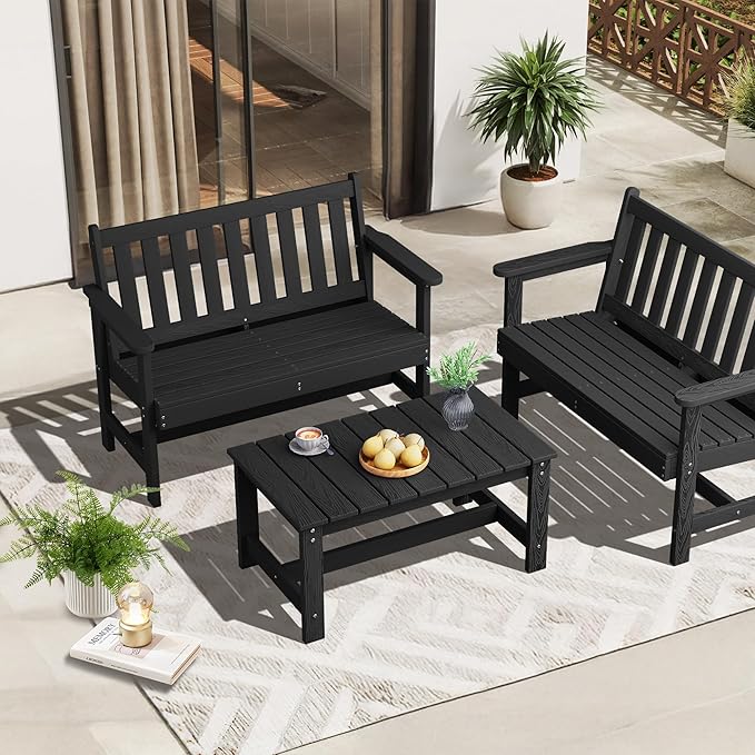 SERWALL Outdoor Coffee Table, HDPE Patio Coffee Table for Outside, Rectangle, Black-Ruum Studio Home